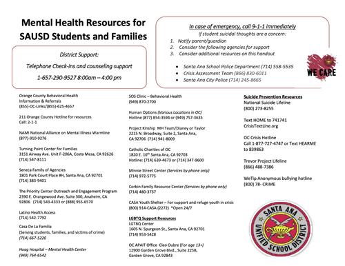 Mental Health Resources for SAUSD Students and Families 